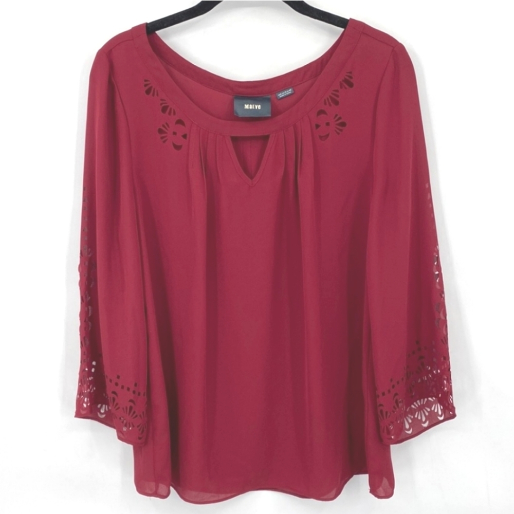 Anthropologie Maeve Laser Cutout Dark Red Top Relaxed Fit Business Casual Sz 8